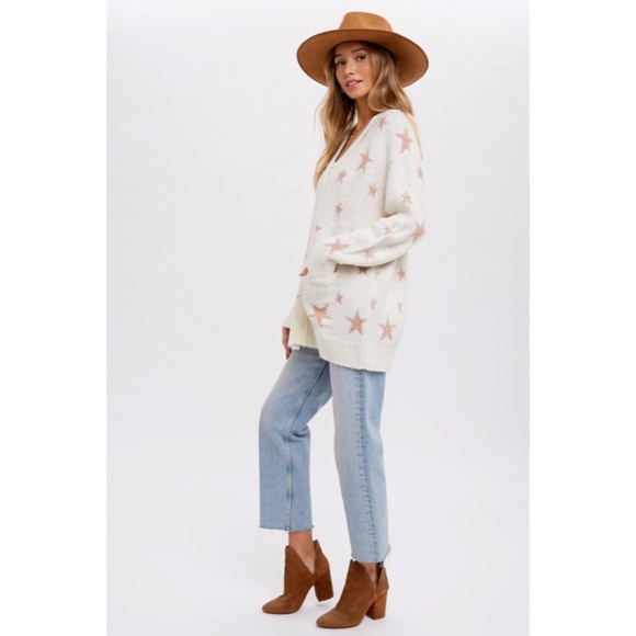 SOLD OUT Cream Star Pattern Knit Mohair Button Front Cardigan Sweater w/ Pockets - Picture 6 of 8